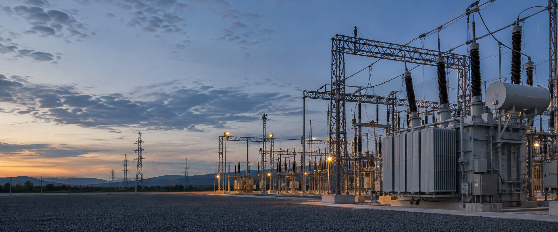 AI-generated editorial photograph of a modern electrical substation at blue hour